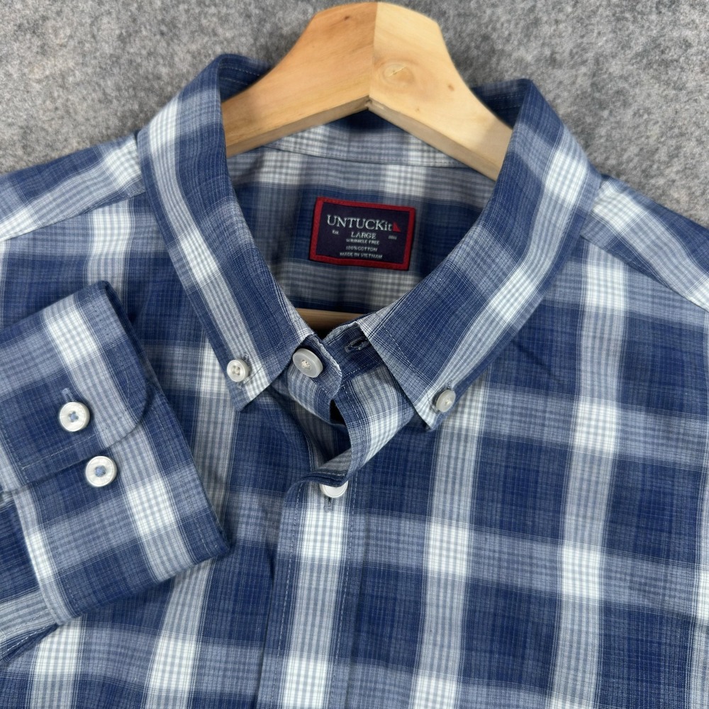 UNTUCKit Valder WF Shirt Mens Large Blue‎ Check Wrinkle Free Long Sleeve